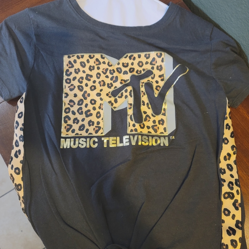 MTV washed out black leopard print tie knot t-shirt - XS